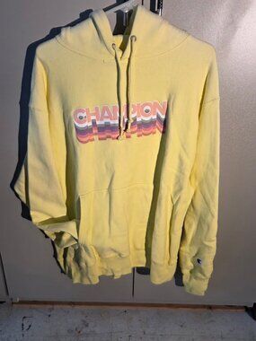 Champion Reverse Weave Pale Yellow Hoodie XL Retro Stacked CHAMPION Graphic